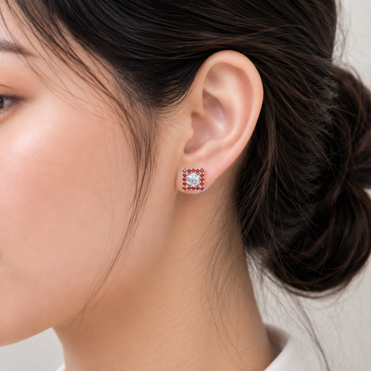 square ruby bloom earring