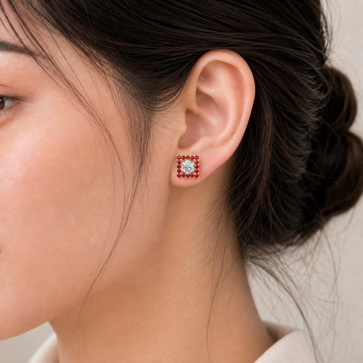 square ruby bloom earring