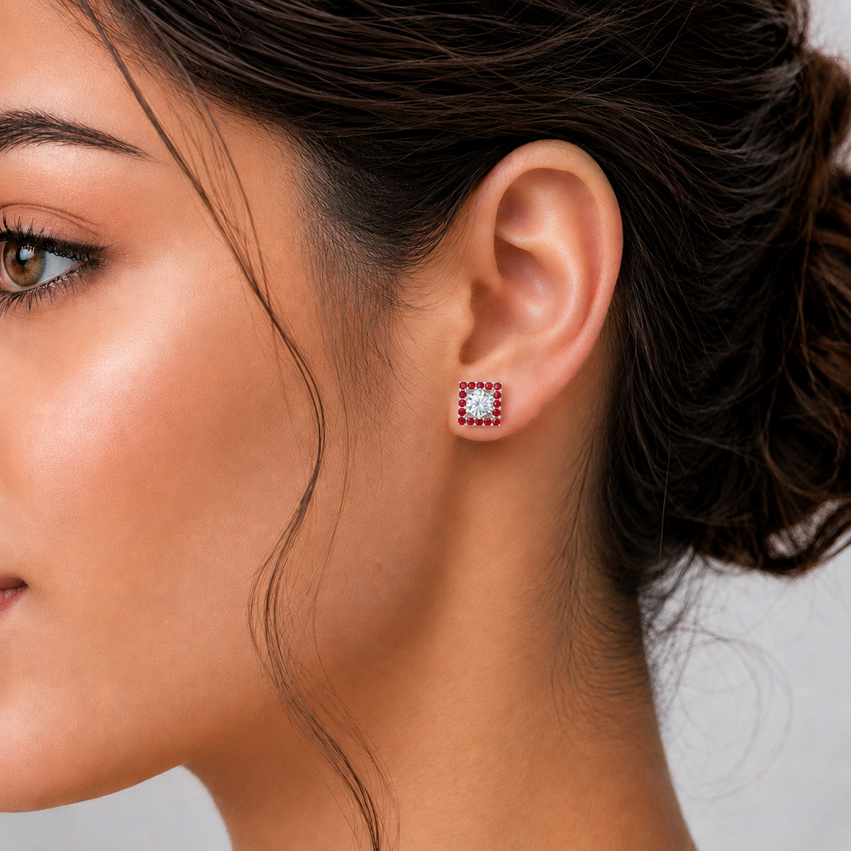 square ruby bloom earring